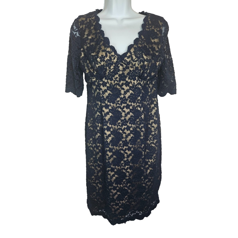 Jessica Howard Illusion Sleeve Dress 8P Petite Crochet Lace Shift Navy Romantic